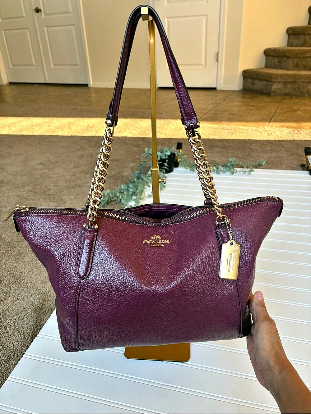 Coach Leather-Style Chain Tote in burgundy